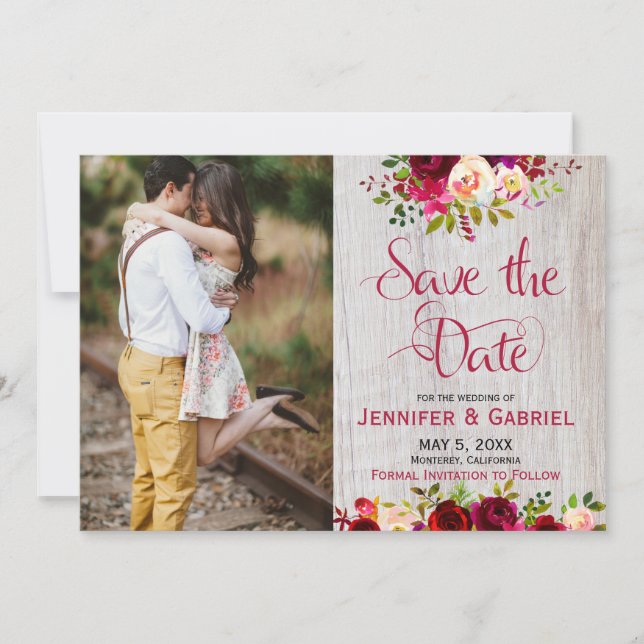 Reserva La Fecha Burgundy Marsala Floral Wood Save the Date Foto (Anverso)