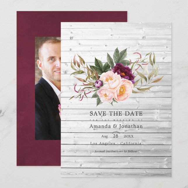 Reserva La Fecha Burgundy - Marsala y melocotón floral rústico boda (Anverso / Reverso)