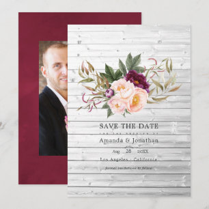 Reserva La Fecha Burgundy - Marsala y melocotón floral rústico boda