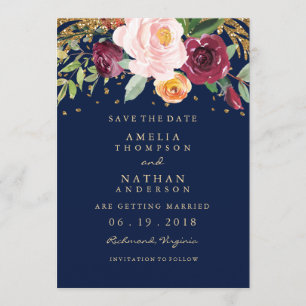 Reserva La Fecha Burgundy Navy Floral Glitter Salva La Fecha