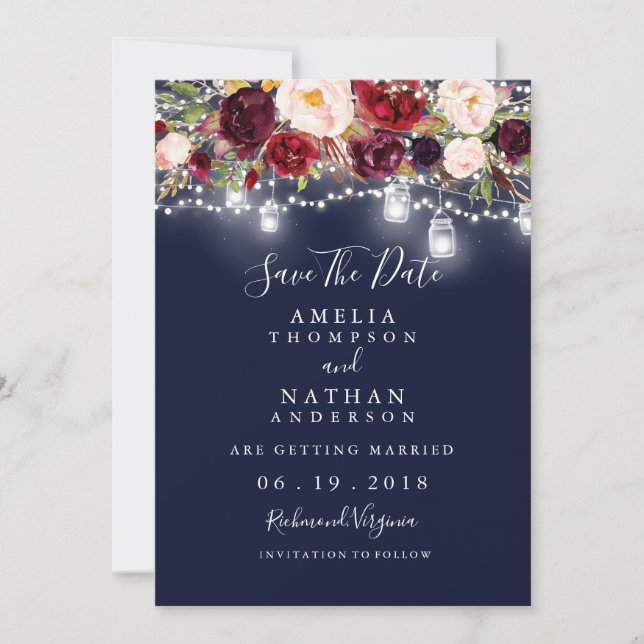 Reserva La Fecha Burgundy Navy Flores Luces Boda Guardar La Fecha (Anverso)