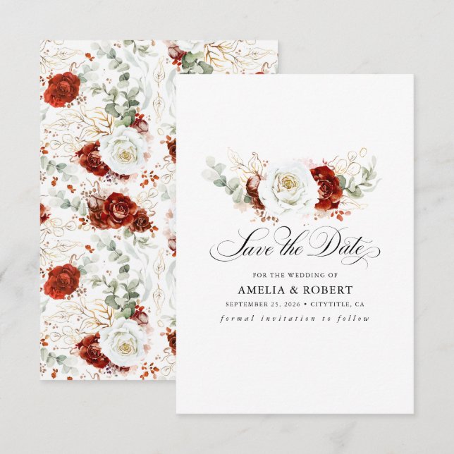 Reserva La Fecha Burgundy Red and White Chic Floral Save the Date (Anverso / Reverso)