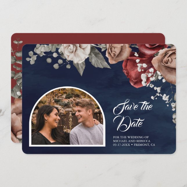 Reserva La Fecha Burgundy Red Roses Floral Navy Blue Wedding Photo (Anverso / Reverso)