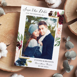 Reserva La Fecha Burgundy Red Rubor Blue Floral Gold Photo