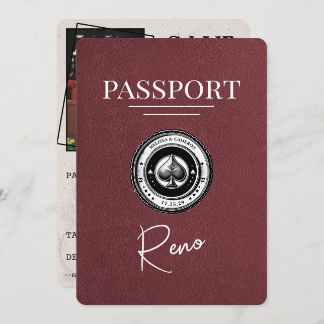 Reserva La Fecha Burgundy Reno Passport Save the Date (Anverso / Reverso)