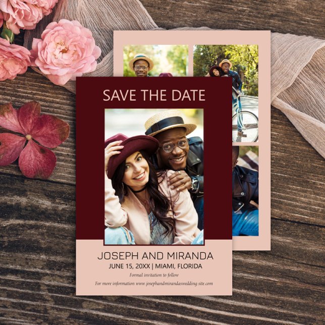 Reserva La Fecha Burgundy Rosa 4 Foto Boda Guardar Fecha Guardar Fe (Burgundy and pink 4-photo (front and back) wedding Save the Date flat card)