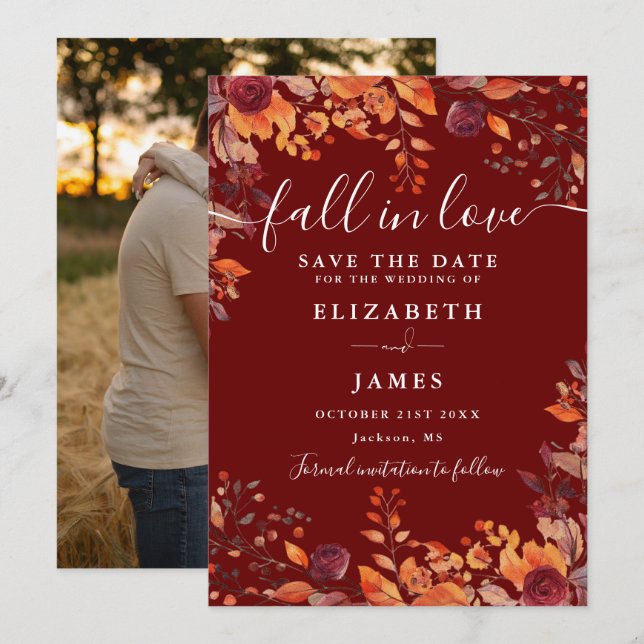 Reserva La Fecha Burgundy Rustic Fall Autumn Photo Wedding (Anverso / Reverso)