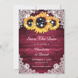Reserva La Fecha Burgundy Rústico Wood Lace Sunflower Boda