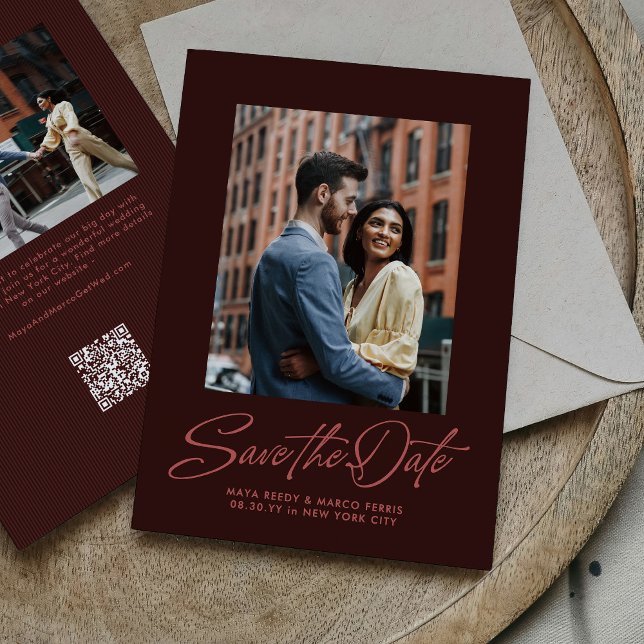 Reserva La Fecha Burgundy stylish script two photo wedding (Subido por el creador)