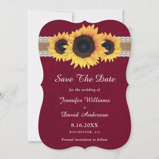 Reserva La Fecha Burgundy Sunflower Rustic Burlap Lace Boda (Anverso)