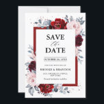 Reserva La Fecha Burgundy Vino Polvo Azul Pizarra Guardar la Fecha<br><div class="desc">Tarjeta de guardar la fecha de boda floral temática de pizarra rosa polvorienta burgundy que presenta un ramo elegante de flores de burgundy, vino, azul polvoriento, rosado, rosas y capullos de peonía y hojas de eucalipto verde polvorientas y marco geométrico neutro de purpurina falsa roja. Por favor, contácteme para cualquier...</div>