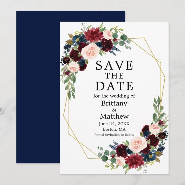 Reserva La Fecha Burgundy Watercolor Floral Oro Marco Geo Azul (Anverso / Reverso)