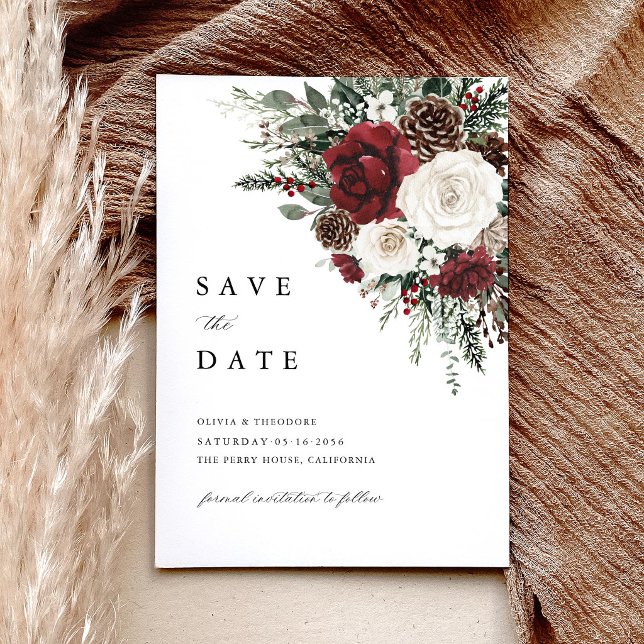 Reserva La Fecha Burgundy Winter Floral Elegant Wedding (Burgundy winter floral save the date card pinecone ivory rustic elegant wedding announcement)