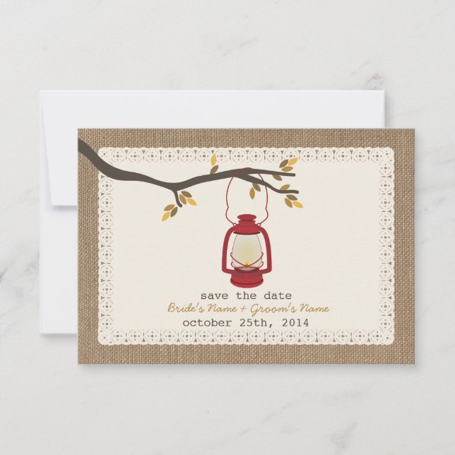 Reserva La Fecha Burlap Inspired Oil Lantern Fall Save The Date (Anverso)