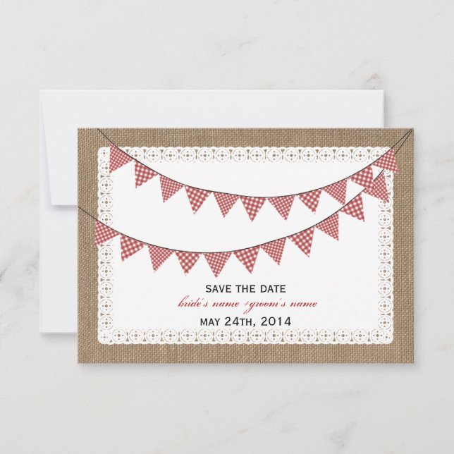 Reserva La Fecha Burlap Inspiró a Red Gingham Bunting Save Date (Anverso)
