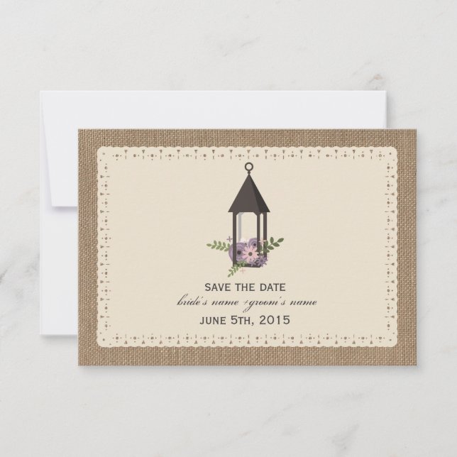 Reserva La Fecha Burlap Lace Inspiró Linterna Floral Salvando La Fe (Anverso)