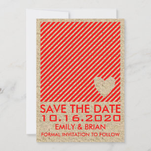 Reserva La Fecha Burlap rojo rayado de corazón blanco salva las tar