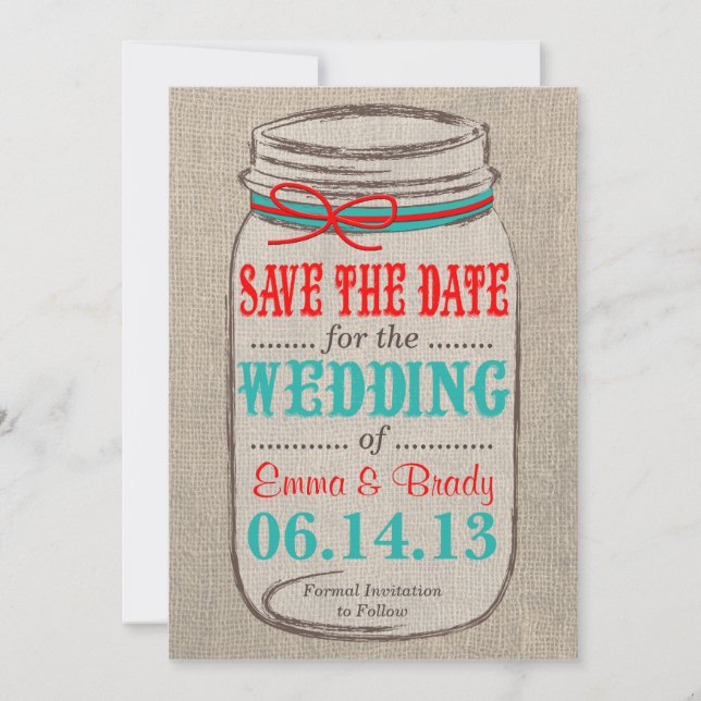 Reserva La Fecha Burlap y Mason Jar Wedding rusos salvan la fecha (Anverso)