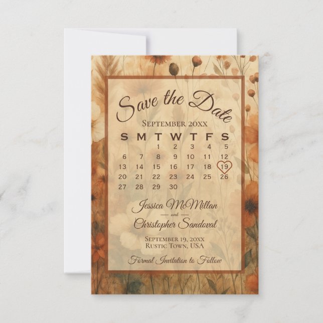 Reserva La Fecha Burnt Sienna Boho Chic Flowers Calendar Wedding (Anverso)