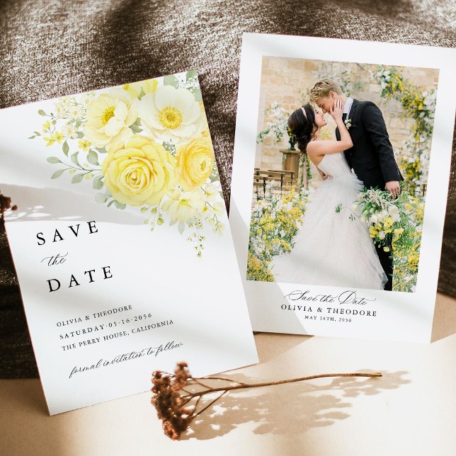 Reserva La Fecha Butter Yellow Ivory Floral Wedding Photo (butter yellow photo save the date, yellow cream ivory floral wedding announcement with photo)