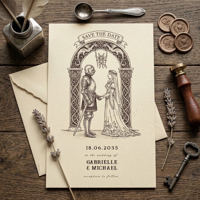 Reserva La Fecha Caballero Gótico Medieval Boda Sepia (Subido por el creador)