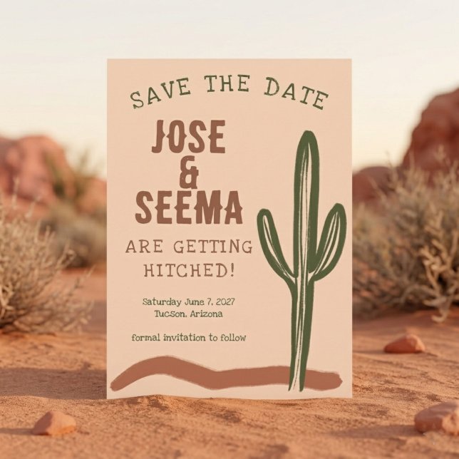 Reserva La Fecha Cactus Saguaro del Salvaje Oeste Dibujado a Mano P (Wild West Saguaro Cactus Hand Drawn Custom Save The Date Invitation Card
)