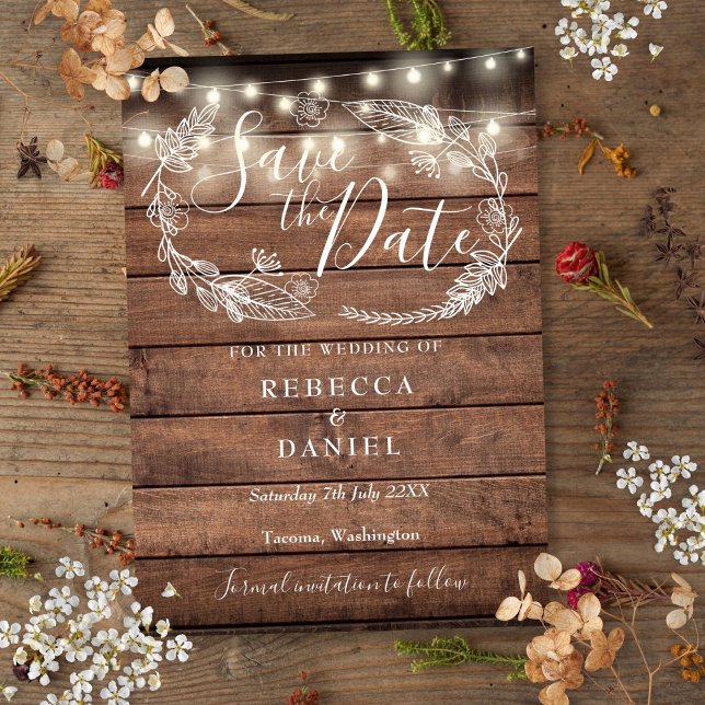 Reserva La Fecha Cadena De Madera Rústica Ilumina Boda Floral (Rustic Wood String Lights Floral Wedding Save The Date)