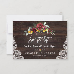 Reserva La Fecha Caída Burgundy Floral Sunflowers Wood Lace Boda