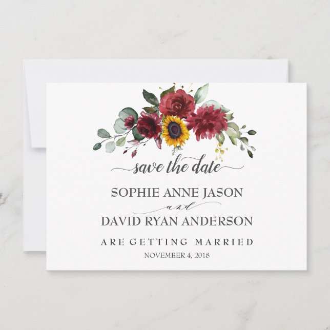 Reserva La Fecha Caída Burgundy Sunflowers Boda Calligrafía (Anverso)