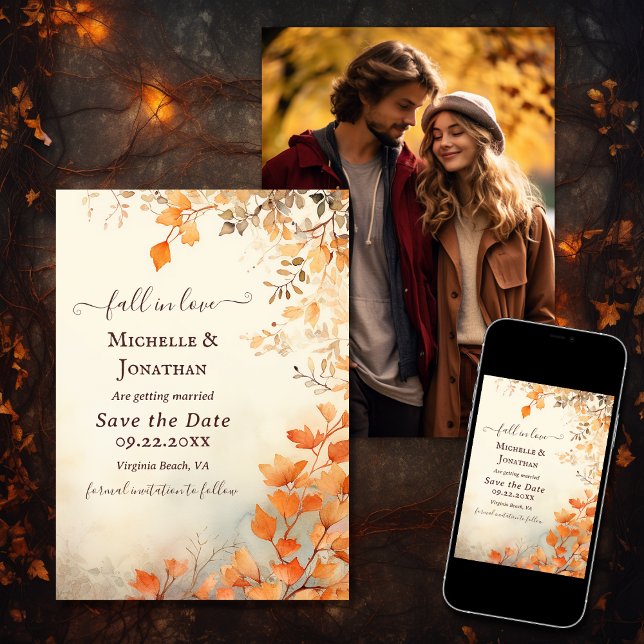 Reserva La Fecha Caída en el amor Hermosa foto de otoño deja Boda (Printed and Digital - Fall in Love Beautiful Autumn Leaves Wedding Photo Save The Date)