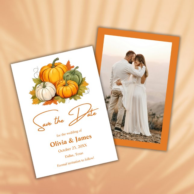 Reserva La Fecha Caída enamorada Boda de fotos de calabaza rusa de  (Fall in Love Autumn Rustic Pumpkin Photo Wedding Save The Date Card )