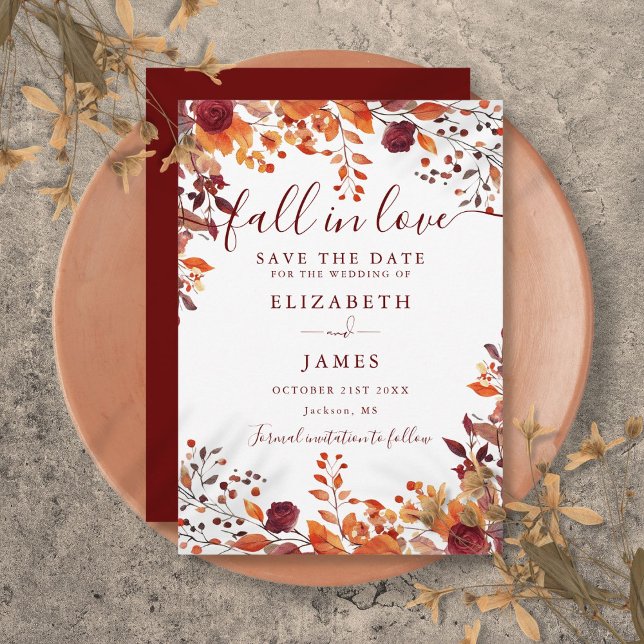 Reserva La Fecha Caída rusa borgoñona otoño Boda (Burgundy Rustic Fall Autumnal Leaves Wedding Save The Date)
