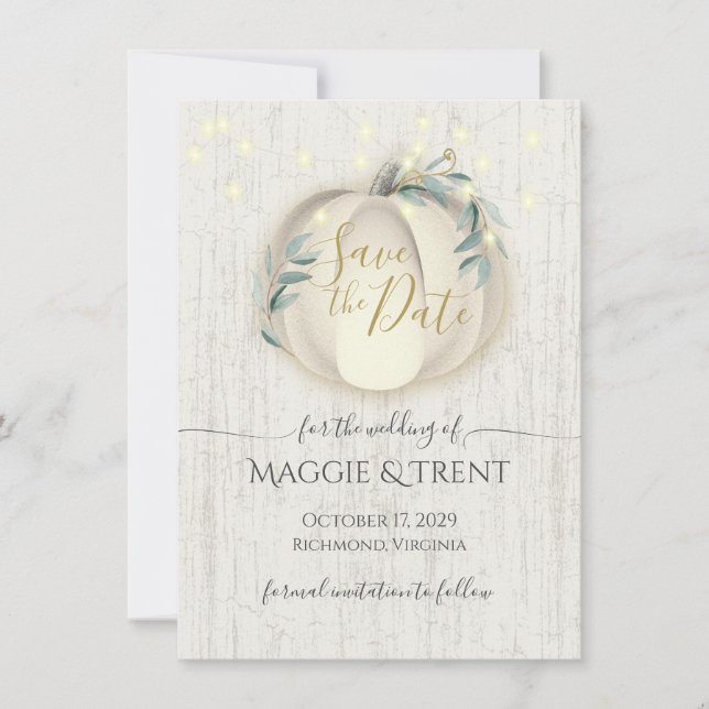 Reserva La Fecha Calabaza blanca y luces de cuerda Salva la fecha (Anverso)