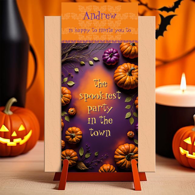 Reserva La Fecha Calabazas de Halloween (Halloween Invitation. customizable illustration full of pumpkins on orange and purple background)