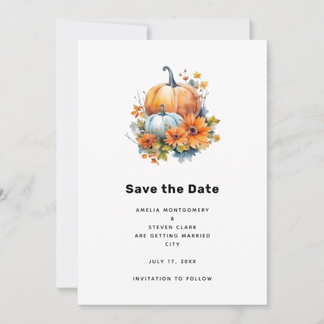 Reserva La Fecha Calabazas otoñales con flores y Boda de follaje (Anverso)