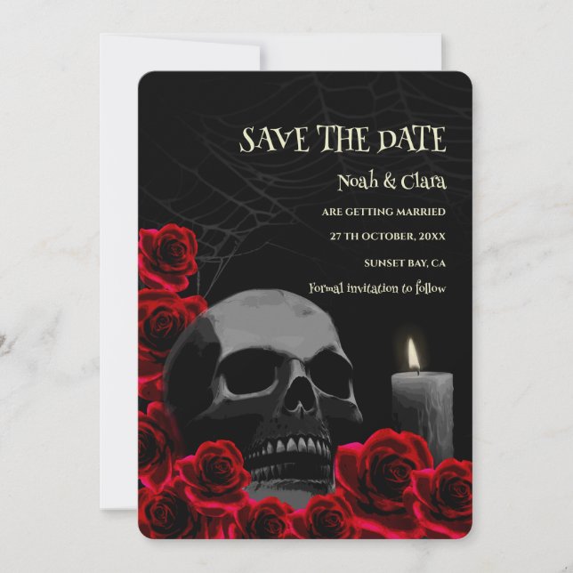Reserva La Fecha Calavera gótica negra roja oscura y Halloween Rosa (Anverso)