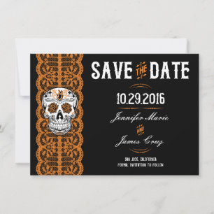 Reserva La Fecha Calaveras de azúcar con encaje naranja Save the Da
