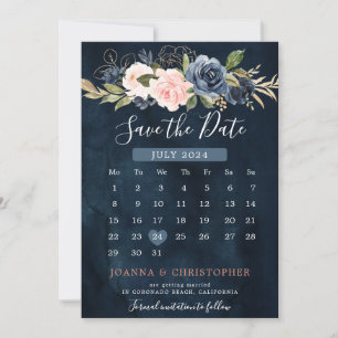 Reserva La Fecha Calendario Boho Rosa Rosa Azul Marino