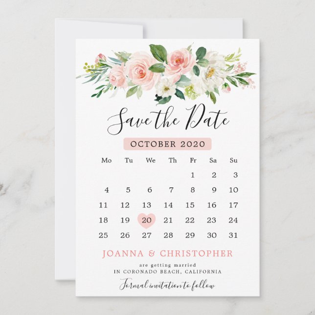 Reserva La Fecha Calendario botánico moderno de Rubor Pink Florals (Anverso)