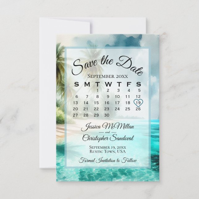 Reserva La Fecha Calendario Chic Acuarela Playa Tropical Boda  (Anverso)