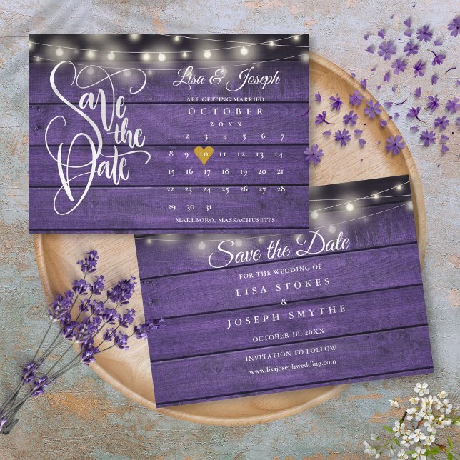 Reserva La Fecha Calendario Corazón Dorado Bodas de Madera Rústica  (Calendar Gold Heart Rustic Purple Wood Wedding Save The Date)