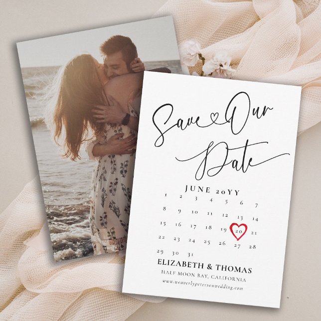 Reserva La Fecha Calendario Corazón Rojo Fecha Caligrafía Moderna B (save the date wedding photo card calendar whimsical red heart modern simple elegant)