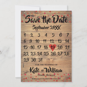 Reserva La Fecha Calendario Corazón Rojo Rubí Rústico de Amor Save