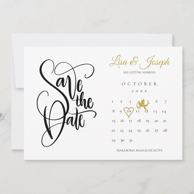 Reserva La Fecha Calendario Cupido Amor Corazón Dorado (Anverso)