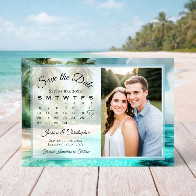 Reserva La Fecha Calendario de Acuarela de Playa Tropical y Boda de (Subido por el creador)