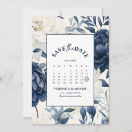 Reserva La Fecha Calendario de acuarela floral azul marino y blanco