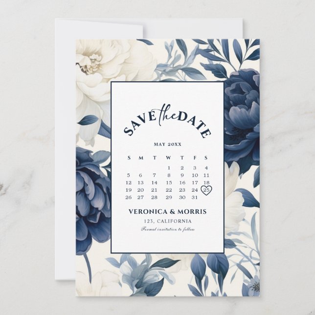 Reserva La Fecha Calendario de acuarela floral azul marino y blanco (Anverso)
