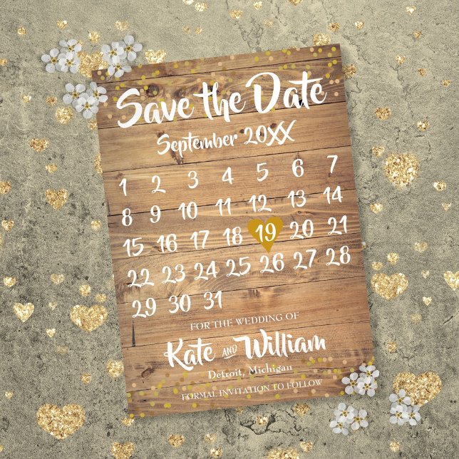 Reserva La Fecha Calendario de amor de oro ruso salva la fecha (Rustic Gold Love Heart Calendar Save the Date)