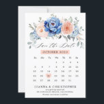 Reserva La Fecha Calendario de Blush Polvoriento Pizarra Azul Marin<br><div class="desc">Tarjeta de save the date de boda de flores rosadas y azules con un ramo elegante de rosas de jardín de color azul marino, azul real, blanco, rosa y hojas de eucalipto verde salvia. Por favor, contácteme para cualquier ayuda en personalización o si necesita cualquier otro producto con este diseño....</div>