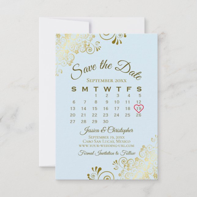 Reserva La Fecha Calendario de Boda Azul Polvo y Dorado Elegante (Anverso)